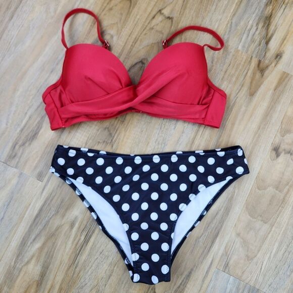 🔸️NIB Red & Black w/White Polka Dot Retro Style Bikini Bathing Suit Small - Picture 5 of 12